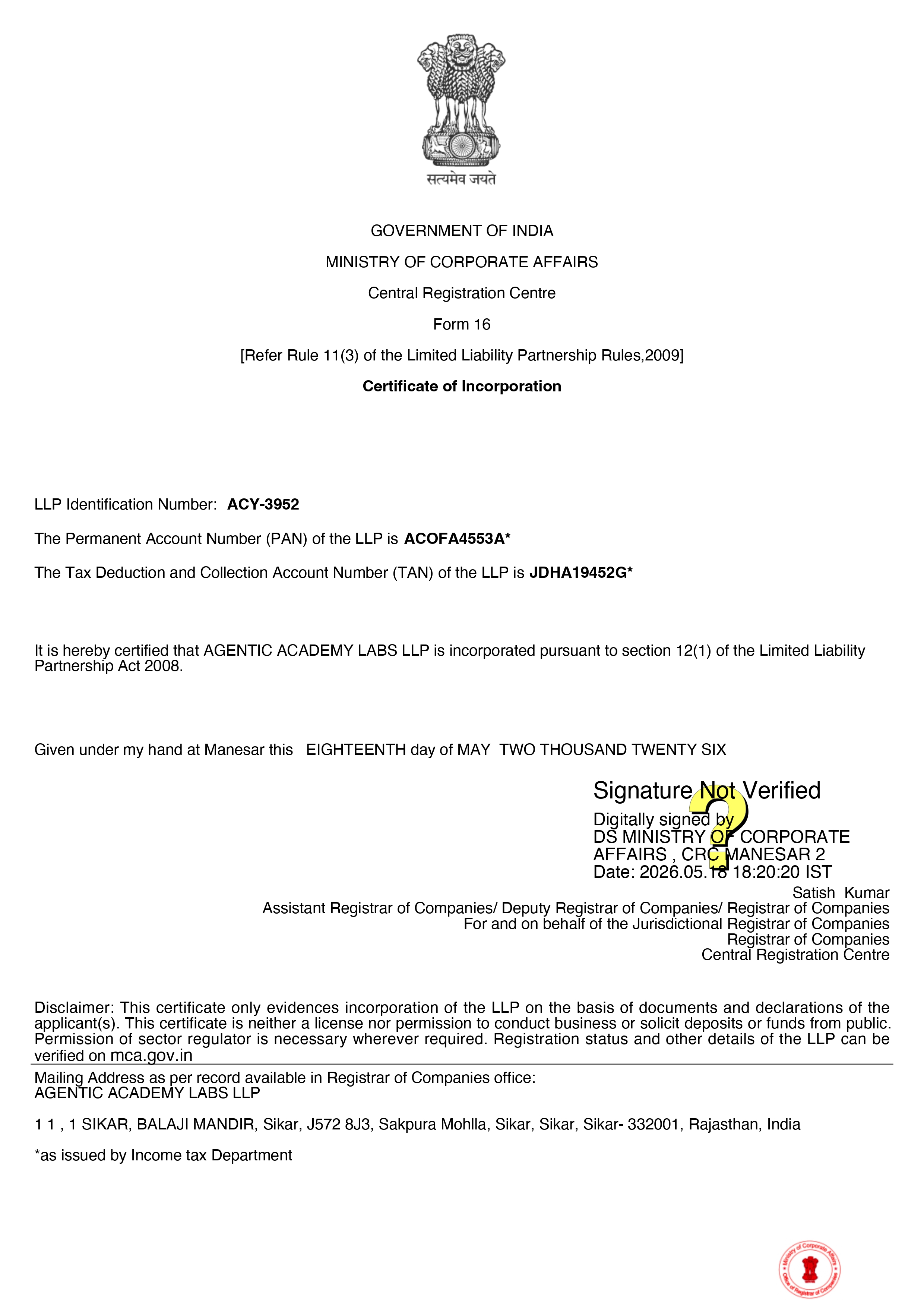 Ministry of Corporate Affairs registration certificate for Agentic Academy Labs LLP