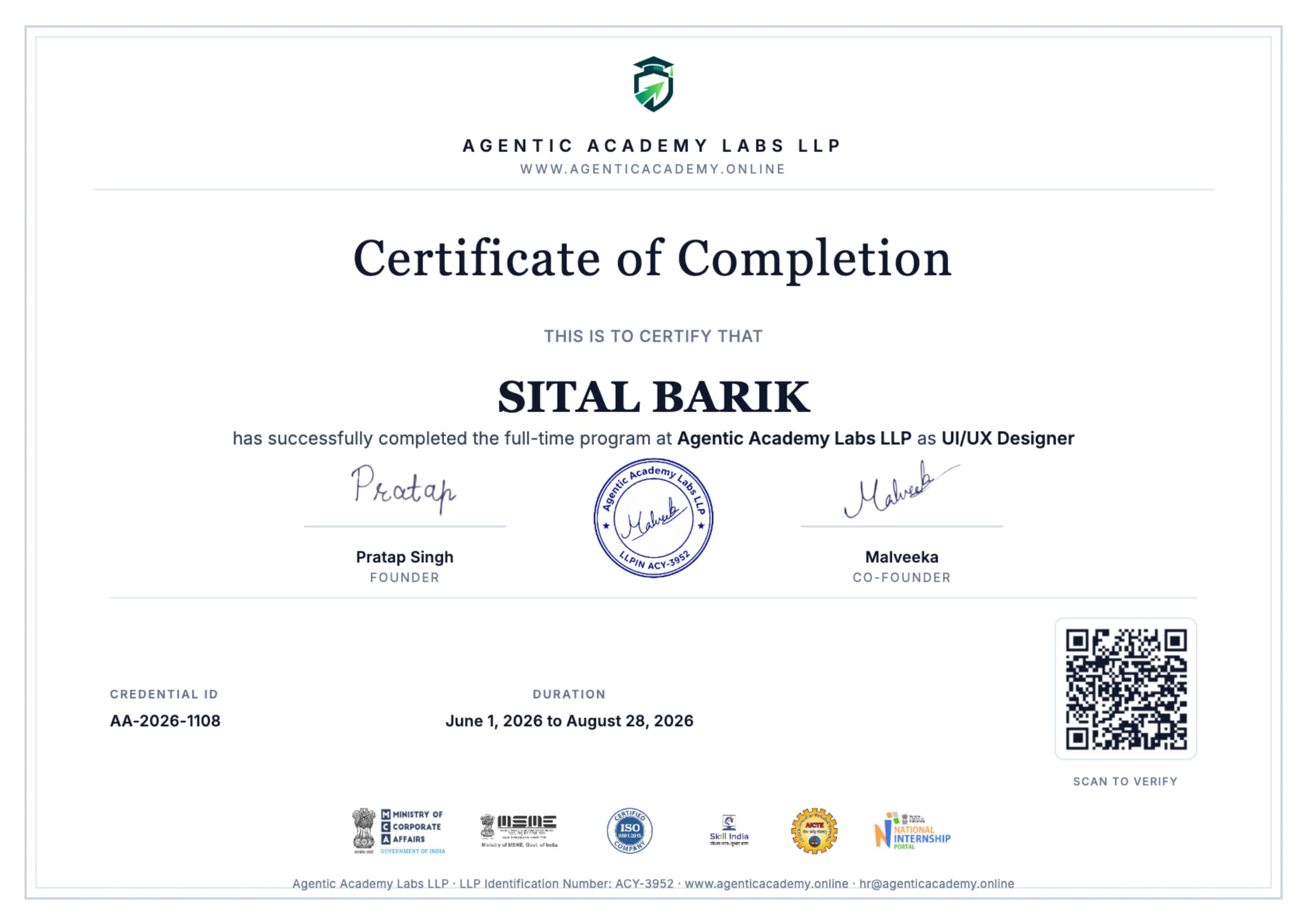 Agentic Academy Labs Internship and Training Certificate Demo